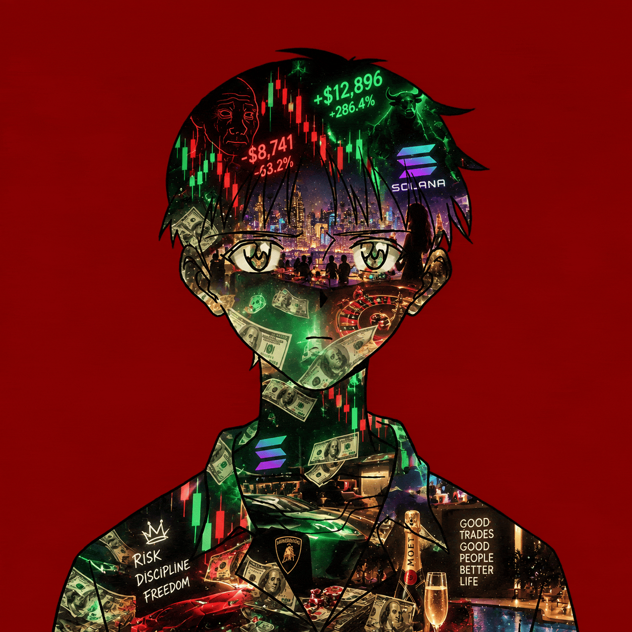 Anime character with a changing trading collage inside his silhouette